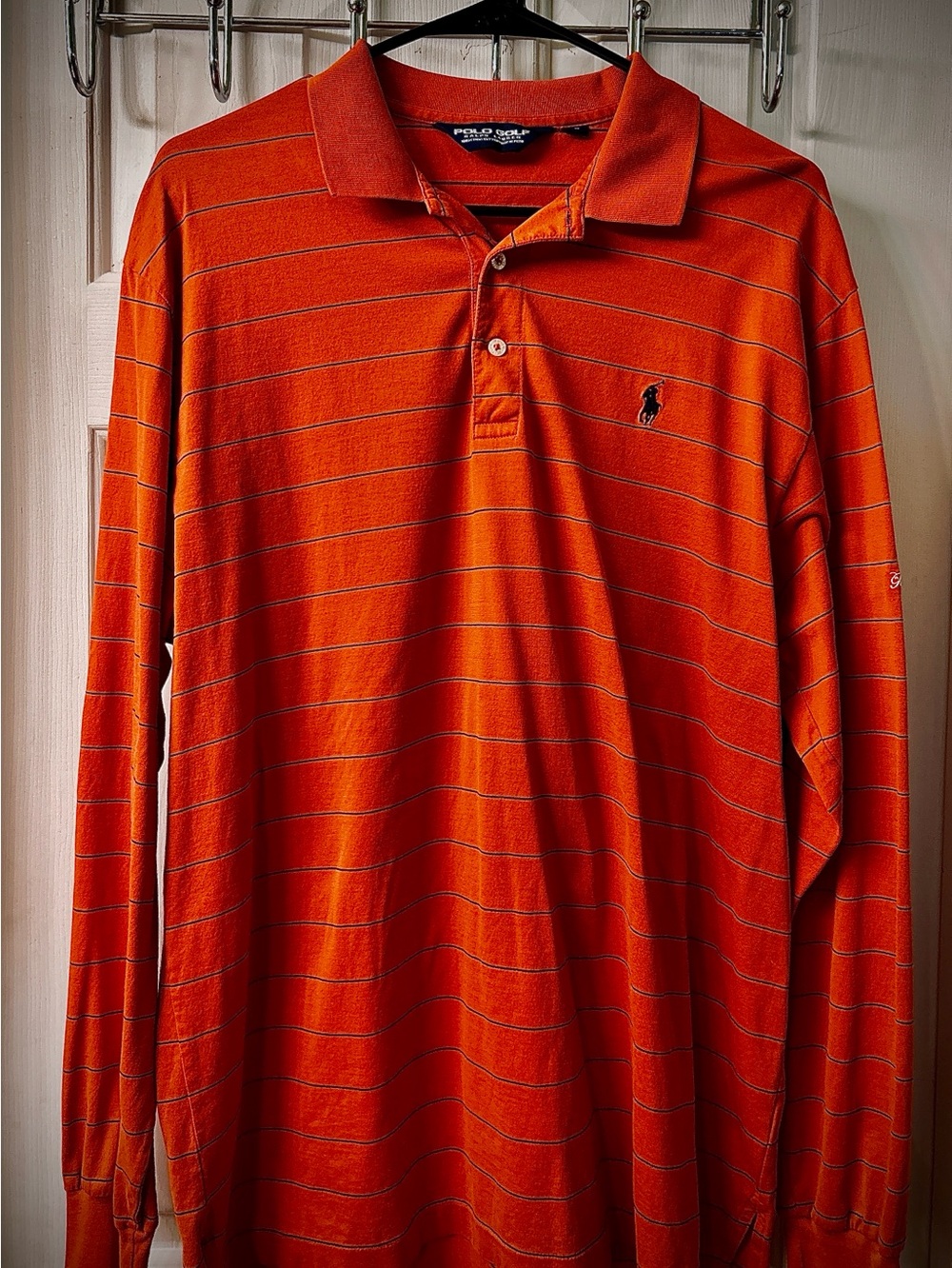 Vntg.Polo Golf Ralph Lauren  Men’s sz L long slv.Classic Deep Org/Navy Striped!